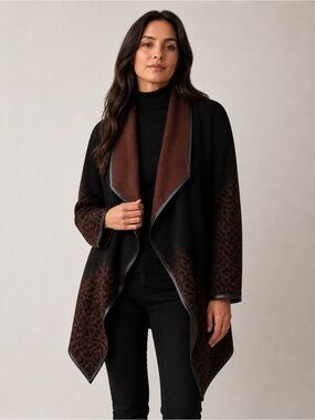 ByLyse Wool-Blend Ombre Leopard Print Waterfall Cardigan with Leather Trim